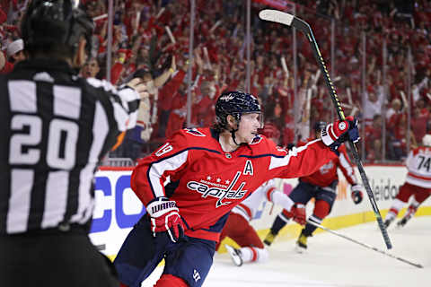 WASHINGTON, DC – APRIL 20: Nicklas Backstrom #19 of the Washington Capitals celebrates after scoring a goal against the Carolina Hurricanes in the second period in Game Five of the Eastern Conference First Round during the 2019 NHL Stanley Cup Playoffs at Capital One Arena on April 20, 2019 in Washington, DC. (Photo by Patrick Smith/Getty Images)