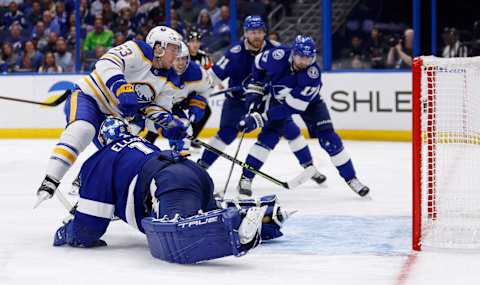 TAMPA, FLORIDA – NOVEMBER 05: Jeff Skinner #53 of the Buffalo Sabres scores a goal on Brian Elliott #1 of the Tampa Bay Lightning during a game at Amalie Arena on November 05, 2022 in Tampa, Florida. (Photo by Mike Ehrmann/Getty Images)