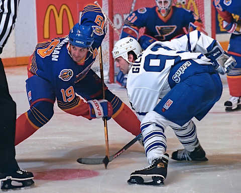 TORONTO, ON – FEBRUARY 18: Brendan Shanahan #19 of the St. Louis Blues skates agains Doug Gilmour #93 of the Toronto Maple Leafs during NHL game action on February 18, 1995 at Maple Leaf Gardens in Toronto, Ontario, Canada. (Photo by Graig Abel/Getty Images)