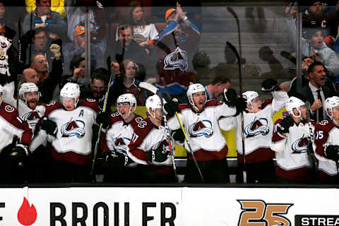 ANAHEIM, CA – NOVEMBER 18: The Colorado Avalanche celebrate their 4-3 overtime win against the Anaheim Ducks on November 18, 2018 at Honda Center in Anaheim, California. (Photo by Debora Robinson/NHLI via Getty Images)