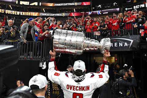 LAS VEGAS, NV – JUNE 07: Washington Capitals Left Wing Alex Ovechkin (8) hoists the Stanley Cup as he exits the arena after defeating the Golden Knights 4-3 during game 5 of the Stanley Cup Final between the Washington Capitals and the Las Vegas Golden Knights on June 07, 2018 at T-Mobile Arena in Las Vegas, NV. (Photo by Chris Williams/Icon Sportswire via Getty Images)