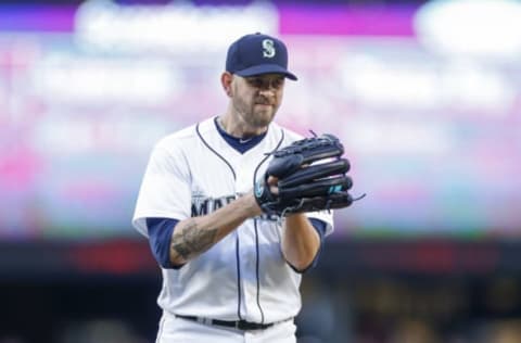 Apr 15, 2017; Seattle, WA, USA; Seattle Mariners starting pitcher James Paxton celebrates striking out the side against the Texas Rangers during the third inning at Safeco Field. Mandatory Credit: Jennifer Buchanan-USA TODAY Sports