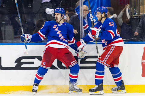 NEW YORK, NY – MAY 09: New York Rangers left wing Chris Kreider (20) reacts after scoring in the third period of game 6 of the second round of the 2017 Stanley Cup Playoffs between the Ottawa Senators and the New York Rangers on May 09, 2017, at Madison Square Garden in New York, NY. (Photo by David Hahn/Icon Sportswire via Getty Images)