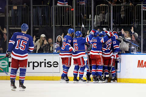 New York Rangers defenseman Adam Fox (23) celebrates his game winning goal against the Anaheim Ducks (Credit: Brad Penner-USA TODAY Sports)