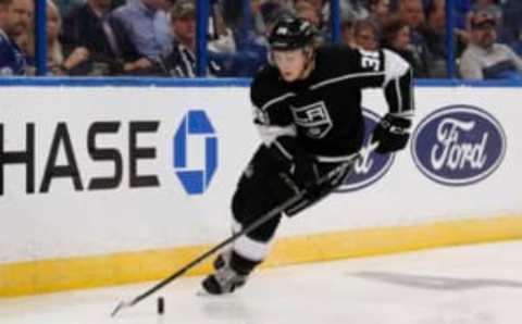 TAMPA, FL – FEBRUARY 10: Los Angeles Kings defenseman Paul LaDue (38) skates with the puck during the NHL game between the Los Angeles Kings and Tampa Bay Lightning on February 10, 2018 at Amalie Arena in Tampa, FL. (Photo by Mark LoMoglio/Icon Sportswire via Getty Images)