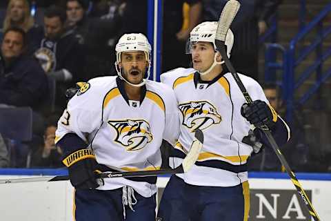 Nov 13, 2014; St. Louis, MO, USA; Nashville Predators center Filip Forsberg (right) celebrates with Mike Ribeiro (left) after scoring a goal against the St. Louis Blues during the first period at Scottrade Center. Mandatory Credit: Jasen Vinlove-USA TODAY Sports