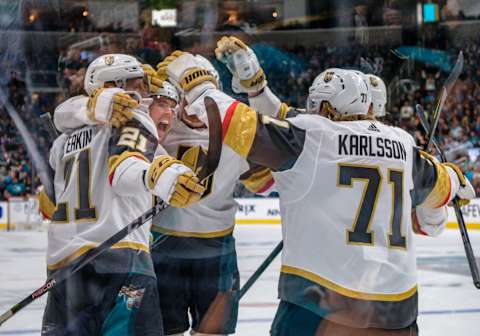 SAN JOSE, CA – APRIL 18: Vegas Golden Knights center Jonathan Marchessault (81) celebrates his goal with teammates during Game 5, Round 1 between the Vegas Golden Knights and the San Jose Sharks on Thursday, April 18, 2019 at the SAP Center in San Jose, California. (Photo by Douglas Stringer/Icon Sportswire via Getty Images)