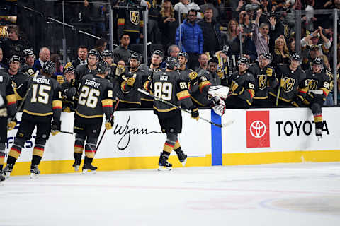 LAS VEGAS, NV – JANUARY 01: Alex Tuch #89 of the Vegas Golden Knights celebrates with teammates after scoring an empty net goal against the Los Angeles Kings during a game at T-Mobile Arena on January 1, 2019 in Las Vegas, Nevada. (Photo by Jeff Bottari/NHLI via Getty Images)