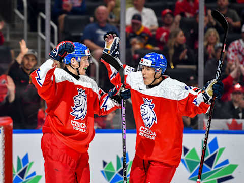 EDMONTON, AB – AUGUST 20: Michal Gut #26 and Jiri Kulich #25 of Czechia celebrate a second period goal against Sweden during the 2022 IIHF World Junior Championship bronze medal game at Rogers Place on August 20, 2022 in Edmonton, Alberta, Canada. (Photo by Andy Devlin/Getty Images)