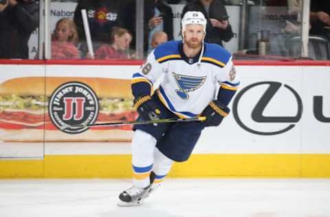 DENVER, CO – APRIL 07: Kyle Brodziak #28 of the St. Louis Blues skates prior to the game against the Colorado Avalanche at the Pepsi Center on April 7, 2018 in Denver, Colorado. The Avalanche defeated the Blues 5-2. (Photo by Michael Martin/NHLI via Getty Images)