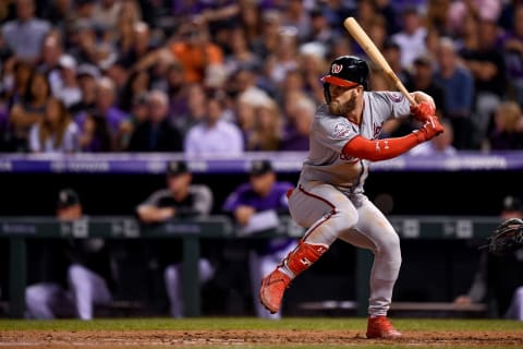 DENVER, CO – SEPTEMBER 29: Bryce Harper #34 of the Washington Nationals bats against the Colorado Rockies at Coors Field on September 29, 2018 in Denver, Colorado. (Photo by Dustin Bradford/Getty Images)