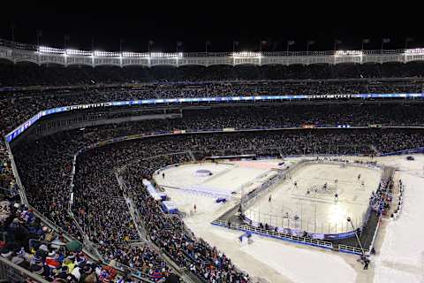 A panoramic view of Yankee Stadium during the New York Rangers Vs New York Islanders NHL regular season game held outdoors at Yankee Stadium, The Bronx, New York, USA. 29th January 2014. Photo Tim Clayton (Photo by Tim Clayton/Corbis via Getty Images)