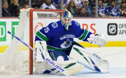 VANCOUVER, BC – MARCH 13: Vancouver Canucks Goaltender Jacob Markstrom (25) tracks the play during their NHL game against the New York Rangers at Rogers Arena on March 13, 2019 in Vancouver, British Columbia, Canada. Vancouver won 4-1. (Photo by Derek Cain/Icon Sportswire via Getty Images)