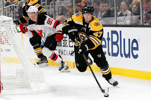 BOSTON, MA – SEPTEMBER 25: Boston Bruins left defenseman Torey Krug (47) turns up ice during a preseason game between the Boston Bruins and the New Jersey Devils on September 25, 2019, at TD Garden in Boston, Massachusetts. (Photo by Fred Kfoury III/Icon Sportswire via Getty Images)