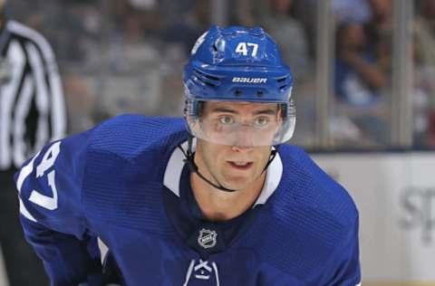 TORONTO,ON – SEPTEMBER 21: Pierre Engvall #47 of the Toronto Maple Leafs waits for a faceoff against the Buffalo Sabres during an NHL pre-season game at Scotiabank Arena on September 21, 2018 in Toronto, Ontario, Canada. The Maple Leafs defeated the Sabres 5-3. (Photo by Claus Andersen/Getty Images)