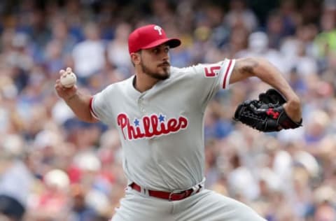 Eflin dials up a four-seam fastball, as he dominates the Brewers. Photo by Dylan Buell/Getty Images.