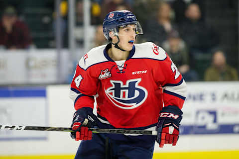 EVERETT, WA – JANUARY 26: Lethbridge Hurricanes forward Dylan Cozens (24) looks back at the puck in the third period of a game between the Lethbridge Hurricanes and the Everett Silvertips on Saturday, January 26, 2019 at Angel of the Winds Arena in Everett, WA. (Photo by Christopher Mast/Icon Sportswire via Getty Images)