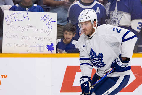 NASHVILLE, TN – MARCH 26: Luke Schenn #2 of the Toronto Maple Leafs skates in warm-ups prior to the game against the Nashville Predators at Bridgestone Arena on March 26, 2023 in Nashville, Tennessee. (Photo by Brett Carlsen/Getty Images)