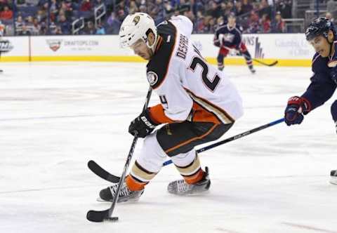 Feb 11, 2016; Columbus, OH, USA; Anaheim Ducks defenseman Simon Despres (24) against the Columbus Blue Jackets at Nationwide Arena. The Blue Jackets won 4-3 in a shootout. Mandatory Credit: Aaron Doster-USA TODAY Sports