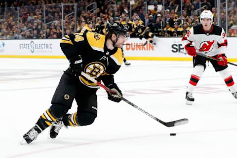 BOSTON, MA – OCTOBER 12: Boston Bruins left wing Jake DeBrusk (74) looks to put a shot on goal during a game between the Boston Bruins and the New Jersey Devils on October 12, 2019, at TD Garden in Boston, Massachusetts. (Photo by Fred Kfoury III/Icon Sportswire via Getty Images)