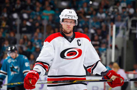 SAN JOSE, CA – OCTOBER 24: Eric Staal #12 of the Carolina Hurricanes looks on during the game against the San Jose Sharks at SAP Center on October 24, 2015 in San Jose, California. (Photo by Rocky W. Widner/NHL/Getty Images)