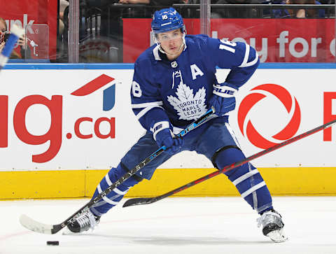 TORONTO, ON – MAY 10 : Mitchell Marner #16 of the Toront Maple Leafs looks to make a pass against the Tampa Bay Lightning during Game Five of the First Round of the 2022 Stanley Cup Playoffs at Scotiabank Arena on May 10, 2022 in Toronto, Ontario, Canada. The Maple Leafs defeated the Lightning 4-3. (Photo by Claus Andersen/Getty images)