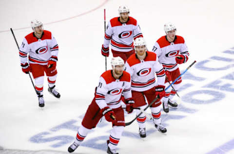 WASHINGTON, DC – APRIL 13: Carolina Hurricanes center Jordan Staal (11) skates off the ice after scoring a game tying goal in the third period against the Washington Capitals on April 13, 2019, at the Capital One Arena in Washington, D.C. in the first round of the Stanley Cup Playoffs. (Photo by Mark Goldman/Icon Sportswire via Getty Images)