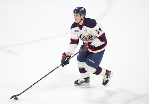 Bode Wilde #74 of the Saginaw Spirit. (Photo by Tom Szczerbowski/Getty Images)