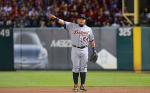 ARLINGTON, TX – OCTOBER 15: Miguel Cabrera #24 of the Detroit Tigers looks on and points during Game Six of the American League Championship Series against the Texas Rangers at Rangers Ballpark in Arlington on October 15, 2011 in Arlington, Texas. The Rangers defeated the Tigers 15-5 to advance to the World Series. (Photo by Mark Cunningham/MLB Photos via Getty Images)