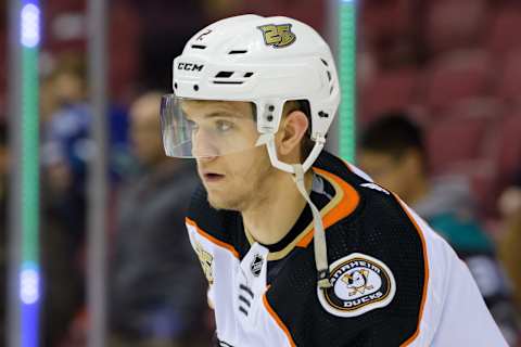 VANCOUVER, BC – FEBRUARY 25: Anaheim Ducks Defenceman Brendan Guhle (2) warms up prior to their NHL game against the Vancouver Canucks at Rogers Arena on February 25, 2019, in Vancouver, British Columbia, Canada. Vancouver won 4-0. (Photo by Derek Cain/Icon Sportswire via Getty Images)