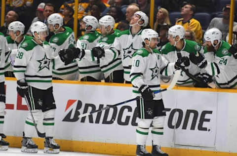 Nov 23, 2016; Nashville, TN, USA; Dallas Stars left wing Patrick Sharp (10) is congratulated by teammates after a goal during the third period against the Nashville Predators at Bridgestone Arena. The Predators won 5-2. Mandatory Credit: Christopher Hanewinckel-USA TODAY Sports