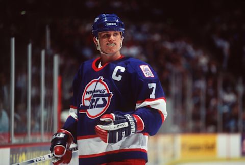 27 JAN 1995: CAPTAIN KEITH TKACHUK OF THE WINNIPEG JETS ON THE ICE DURING A 3-2 LOSS TO THE MIGHTY DUCKS AT THE POND IN ANAHEIM, CALIFORNIA. Mandatory Credit: Al Bello/ALLSPORT