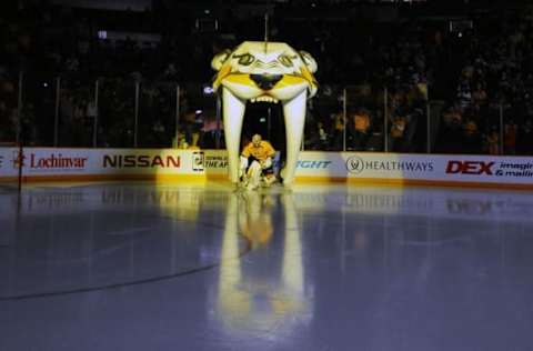 Nashville Predators goalie Pekka Rinne (35) leads the team onto the ice at Bridgestone Arena. Mandatory Credit: Christopher Hanewinckel-USA TODAY Sports