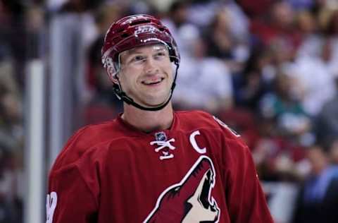 Apr 11, 2015; Glendale, AZ, USA; Arizona Coyotes right wing Shane Doan (19) looks on during the game against the Anaheim Ducks at Gila River Arena. Mandatory Credit: Matt Kartozian-USA TODAY Sports