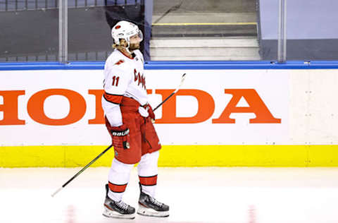 TORONTO, ONTARIO – AUGUST 19: Jordan Staal #11 of the Carolina Hurricanes reacts after his teams 2-1 loss to the Boston Bruins in Game Five of the Eastern Conference First Round during the 2020 NHL Stanley Cup Playoffs at Scotiabank Arena on August 19, 2020 in Toronto, Ontario. (Photo by Elsa/Getty Images)