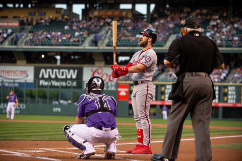 While Harper eyes his bat, he’s in a mental battle with the opposition’s battery during this at-bat. Photo by Dustin Bradford/Getty Images.