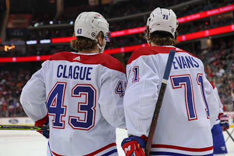 Apr 7, 2022; Newark, New Jersey, USA; Montreal Canadiens defenseman Kale Clague (43) celebrates his goal against the New Jersey Devils during the third period at Prudential Center. Mandatory Credit: Ed Mulholland-USA TODAY Sports