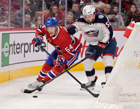 Mar 25, 2023; Montreal, Quebec, CAN; Montreal Canadiens defenseman Jordan Harris. Mandatory Credit: Eric Bolte-USA TODAY Sports