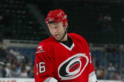 2003 Season: Player Erik Cole of the Carolina Hurricanes. (Photo by Bruce Bennett Studios via Getty Images Studios/Getty Images)