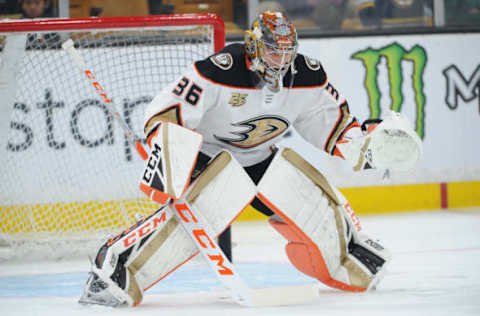 BOSTON, MA – December 20: John Gibson #36 of the Anaheim Ducks warms up before the game against the Boston Bruins at the TD Garden on December 20, 2018, in Boston, Massachusetts. (Photo by Steve Babineau/NHLI via Getty Images)