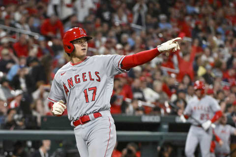 May 3, 2023; St. Louis, Missouri, USA; Los Angeles Angels starting pitcher Shohei Ohtani (17) reacts after scoring against the St. Louis Cardinals during the ninth inning at Busch Stadium. Mandatory Credit: Jeff Curry-USA TODAY Sports