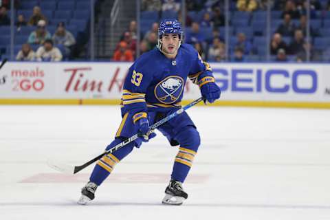 BUFFALO, NEW YORK – SEPTEMBER 27: Matt Savoie #93 of the Buffalo Sabres skates during the first period against the Philadelphia Flyers at KeyBank Center on September 27, 2022 in Buffalo, New York. (Photo by Joshua Bessex/Getty Images)