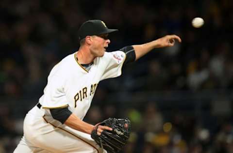 Apr 8, 2017; Pittsburgh, PA, USA; Pittsburgh Pirates relief pitcher Tony Watson (44) pitches against the Atlanta Braves during the ninth inning at PNC Park. The Pirates won 6-4. Mandatory Credit: Charles LeClaire-USA TODAY Sports