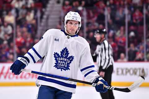 MONTREAL, CANADA – OCTOBER 12: Alexander Kerfoot #15 of the Toronto Maple Leafs  (Photo by Minas Panagiotakis/Getty Images)