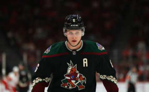 Nov 20, 2021; Glendale, Arizona, USA; Arizona Coyotes defenseman Jakob Chychrun (6) against the Detroit Red Wings at Gila River Arena. Mandatory Credit: Mark J. Rebilas-USA TODAY Sports