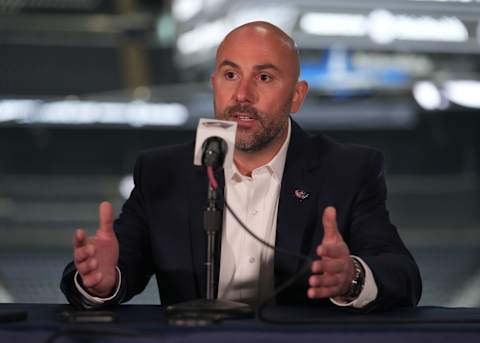 COLUMBUS, OHIO – SEPTEMBER 18: Columbus Blue Jackets Head Coach Pascal Vincent addresses members of the media during media day at Nationwide Arena on September 18, 2023 in Columbus, Ohio. (Photo by Jason Mowry/Getty Images)