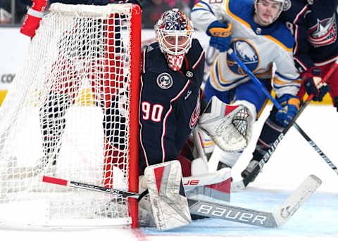 COLUMBUS, OHIO – OCTOBER 04: Elvis Merzlikins #90 of the Columbus Blue Jackets tends net during the third period against the Buffalo Sabres at Nationwide Arena on October 04, 2023 in Columbus, Ohio. (Photo by Jason Mowry/Getty Images)