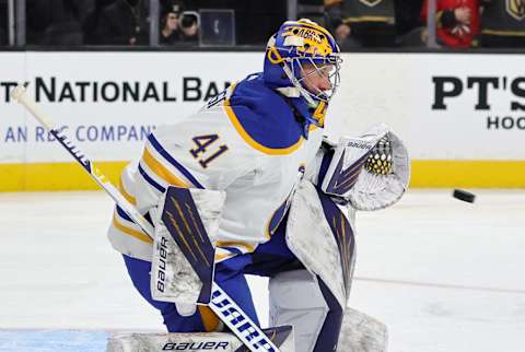 LAS VEGAS, NEVADA – FEBRUARY 01: Craig Anderson #41 of the Buffalo Sabres makes a save against Vegas Golden Knights in the second period of their game at T-Mobile Arena on February 1, 2022 in Las Vegas, Nevada. The Golden Knights defeated the Sabres 5-2. (Photo by Ethan Miller/Getty Images)