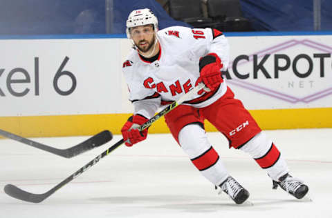 TORONTO, ON – FEBRUARY 7: Vincent Trocheck #16 of the Carolina Hurricanes skates against the Toronto Maple Leafs during an NHL game at Scotiabank Arena on February 7, 2022 in Toronto, Ontario, Canada. The Maple Leafs defeated the Hurricanes 4-3 in overtime. (Photo by Claus Andersen/Getty Images)