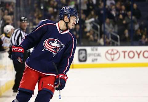 Feb 16, 2016; Columbus, OH, USA; Columbus Blue Jackets center Alexander Wennberg (41) against the Boston Bruins at Nationwide Arena. The Bruins won 2-1 in overtime. Mandatory Credit: Aaron Doster-USA TODAY Sports